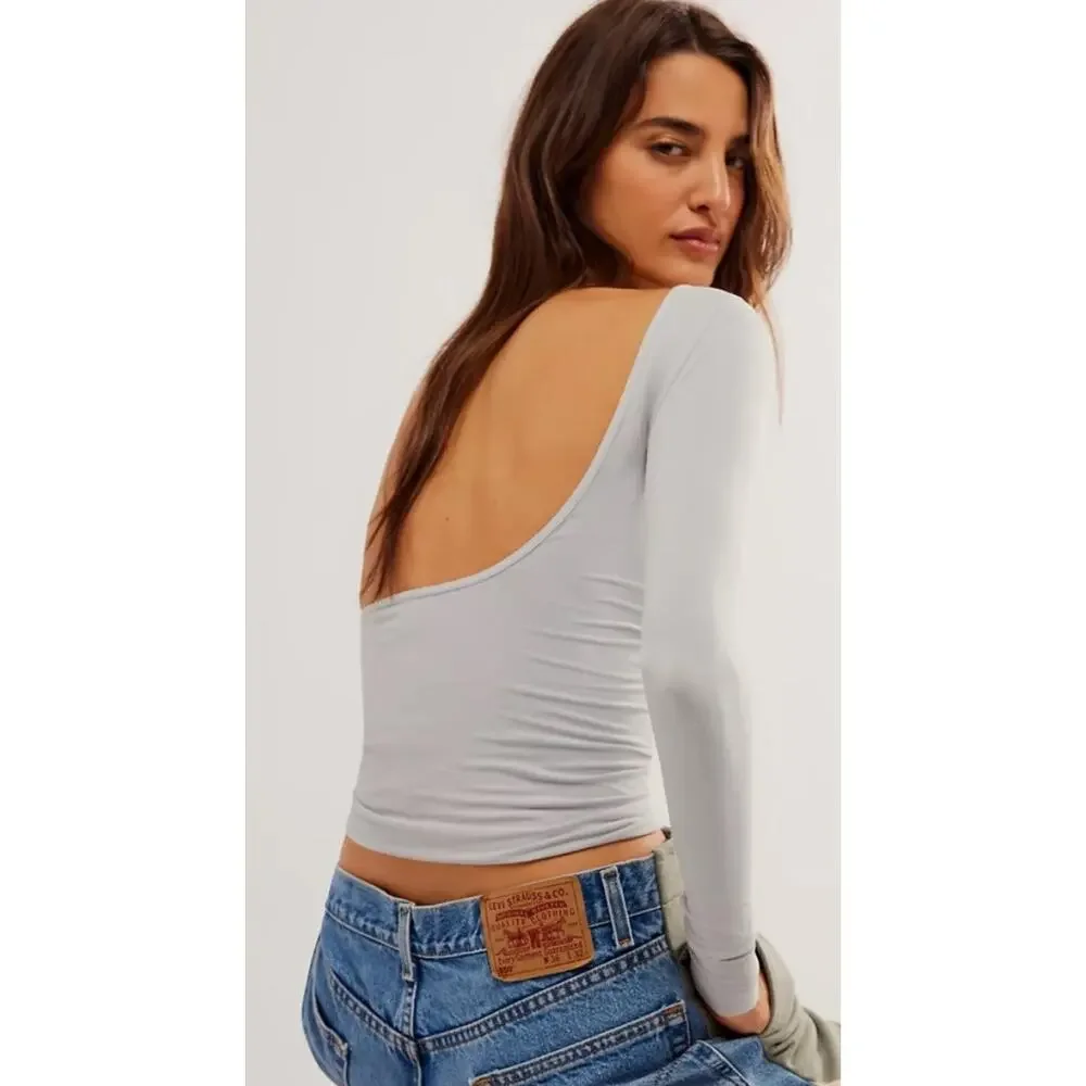 Free People Intimately Slim Fit Low-Back Seamless Long Sleeve Top Light Blue M/L